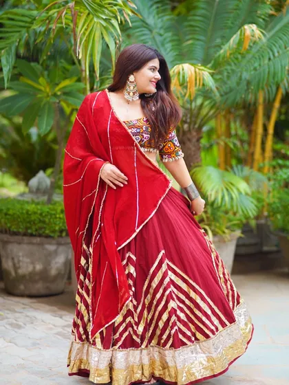 Showcasing a beautiful traditional chaniya choli. The right outfit is key to getting the full Garba experience, and I love the vibrant colors and designs.