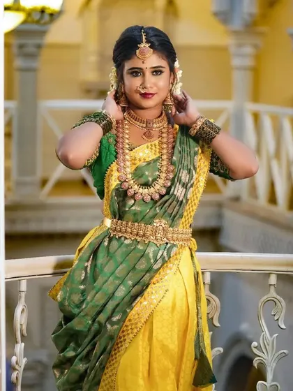 A beautiful half-saree look elevated with our traditional temple jewellery, showing how these pieces can be styled for various functions.
