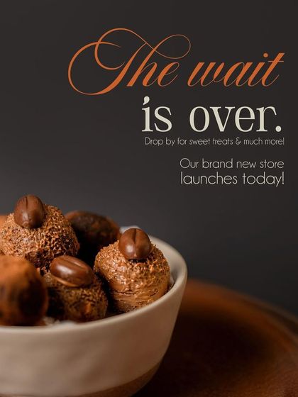 A bowl filled with our coffee-flavoured chocolate pralines. This image announces the launch of our new store, promising a haven for all your sweet cravings.
