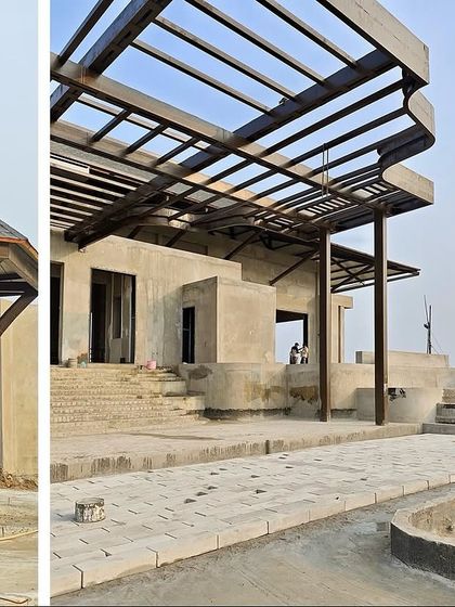 Construction progress on the extravagant villa in Bhubaneswar. This collage shows different angles of the structure, from the curved support columns to the expansive entryway, illustrating how the architectural vision is coming to life.