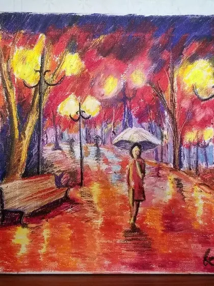 This is an example of what you can create with oil pastels. I guide my students on how to blend colors and create atmosphere, like in this painting of a rainy evening walk.