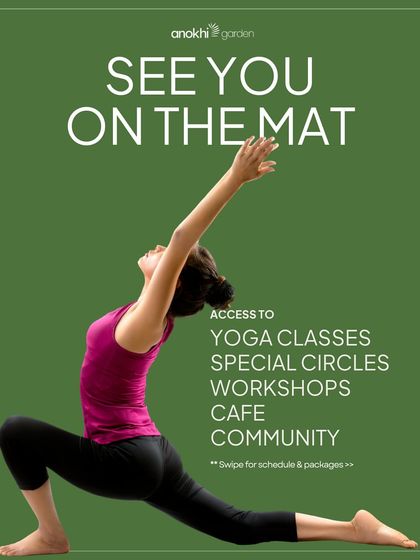 An invitation to join us on the mat. This graphic promotes our membership access to classes, special circles, workshops, our cafe, and community, with an option for a free trial class.