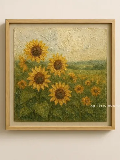 Texture adds a dimension that paint alone cannot capture. This framed sunflower field painting uses built-up textures to create a sense of depth and realism, making you feel like you could almost step into the scene. It’s a perfect example of how I create art that engages more than just the eyes.