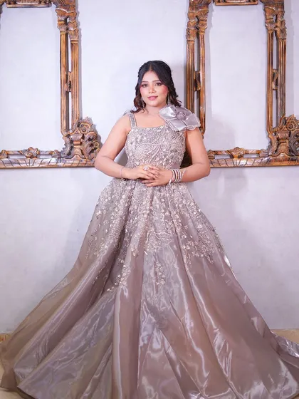 A classic full-length pose in this elegant grey gown.