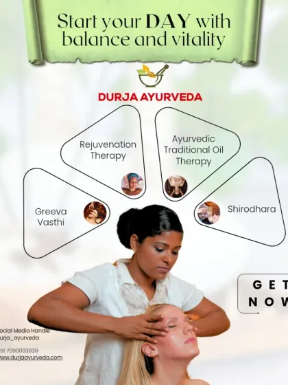 This graphic provides an overview of our core services. From Rejuvenation Therapy and Traditional Oil Therapy to Greeva Vasti and Shirodhara, we offer a balanced approach to vitality.