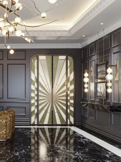 A detail shot of the striking green and white sunburst-patterned doors, set within a classically paneled, dark-toned room. This render highlights bespoke, artistic elements.