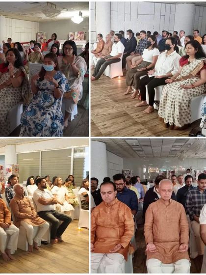 A collage from our Dubai event, showing participants meditating and listening to the discourse. The hybrid model allows for wider participation.