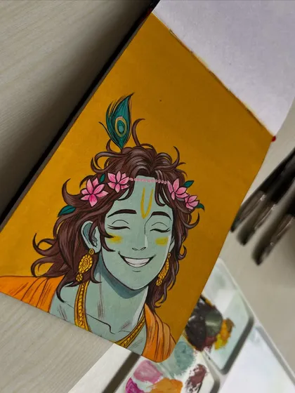 That blissful smile of Krishna, captured in a moment of pure joy. This painting is my offering, a small way to connect with the divine through art. The vibrant colors and serene expression are meant to bring a sense of peace.