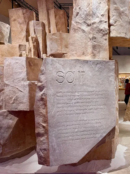 The entrance to the 'Salt' installation, where a large salt-rock slab is inscribed with the theme's narrative. The piece immediately grounds the visitor in the story of this humble yet extraordinary material.