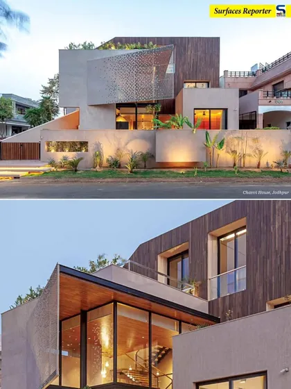 The Chaterr House in Jodhpur, featured in Surfaces Reporter. This project combines modern concrete forms with traditional elements like a perforated screen, creating a home that is contemporary yet culturally grounded.
