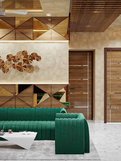 This 3D render showcases a living room with bold green sofas and a striking feature wall combining wood and mirror in a geometric pattern. It demonstrates our ability to use color and texture to create a vibrant, modern space.