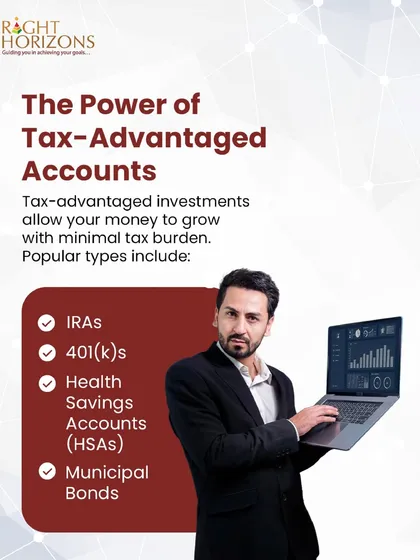 This slide lists popular types of tax-advantaged accounts, including IRAs, 401(k)s, HSAs, and Municipal Bonds. It shows a professional with a laptop displaying financial data, reinforcing our expertise in this area.