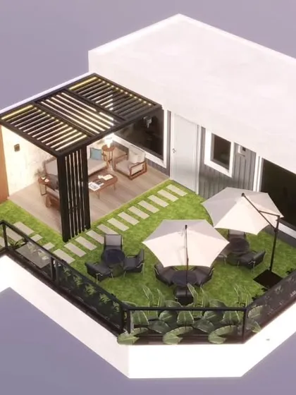 An aerial 3D view of the Model Town project, illustrating how the pergola seating area is positioned next to an open space with umbrellas.