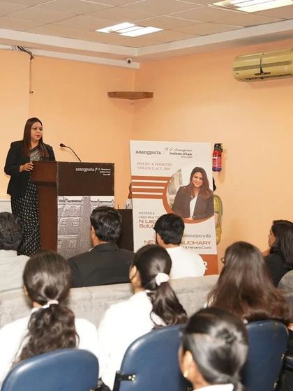 Speaking from the podium at the B.S. Anangpuria Institute of Law. I use this platform to share not just legal knowledge but also insights from my practical experience in handling domestic violence cases.