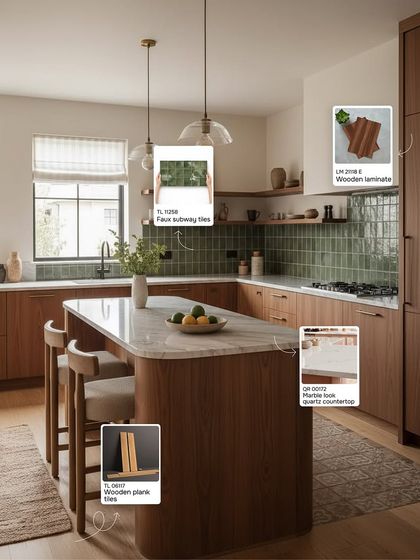 A beautiful modern kitchen is achievable when you know which materials to combine. This design pairs the warmth of wooden laminates and an island with a durable quartz countertop. The green faux subway tiles on the backsplash add a touch of color and texture, creating a space that is both stylish and functional.