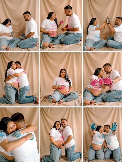A grid of giggles, high-fives, and colorful hands. This collage tells the whole story of their fun and interactive paint-themed announcement shoot.