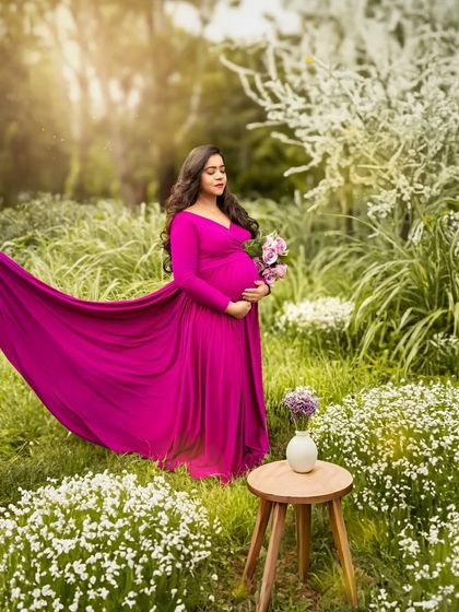 A dreamy outdoor portrait. The mother-to-be, in a flowing magenta gown, stands in a field of wildflowers, her dress catching the light beautifully.