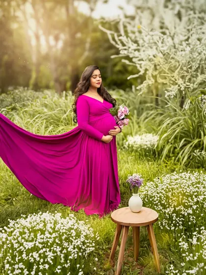 A dreamy outdoor portrait. The mother-to-be, in a flowing magenta gown, stands in a field of wildflowers, her dress catching the light beautifully.