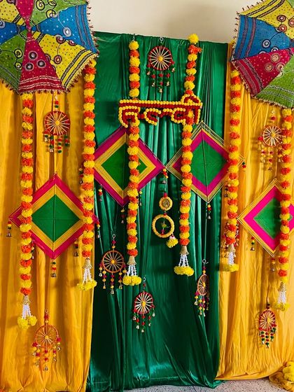 A full view of the vibrant and traditional Haldi decoration.
