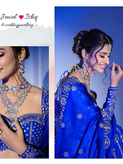 The beauty of a perfectly coordinated set. The Polki necklace, earrings, and maang tikka come together to create a look of pure sophistication and bridal charm.