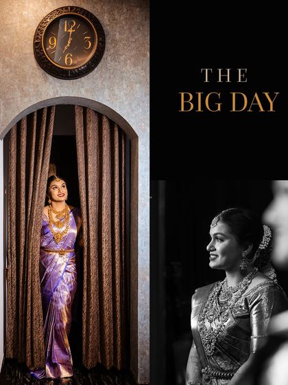 A creative collage showing the bride's grand reveal and a timeless black and white profile shot.