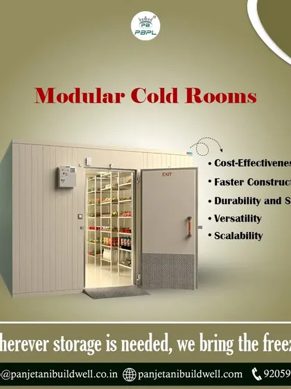 A modular cold room with its door open, showing the interior shelving. We bring the freeze wherever storage is needed, offering cost-effective, scalable, and durable solutions with faster construction times.