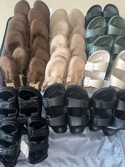 My suitcase packed and ready after a successful shopping trip. I managed to grab many pairs of these popular Birken-inspired sandals for everyone who pre-ordered.