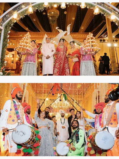 A collage showing the bride's entrance with her family and the groom's lively welcome with dhol players.