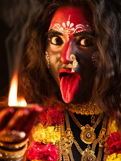 A fierce close-up of the Maa Mahakali look, capturing the intensity of the goddess with dramatic lighting.