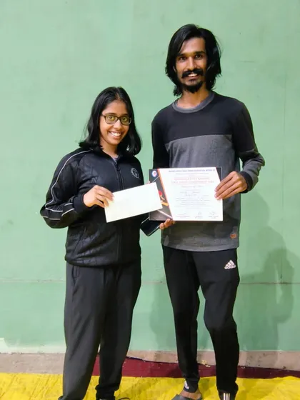 Congratulations to Kaira Baliga, seen here with her coach, after securing 3rd Place in the U17 Girls category at the 4th State Ranking Tournament in Mysore.