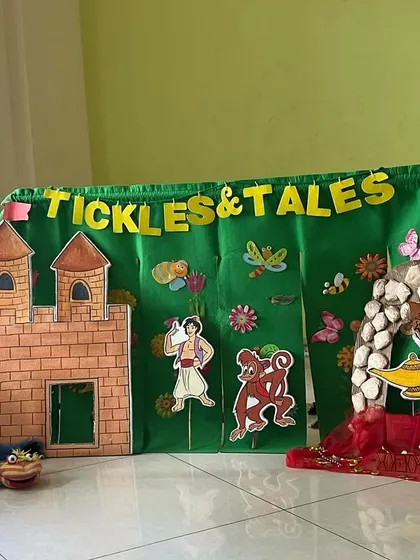 My setup for an Aladdin puppet show, complete with a castle and a cave of wonders. Creating an immersive set is a key part of bringing the story to life for the children.