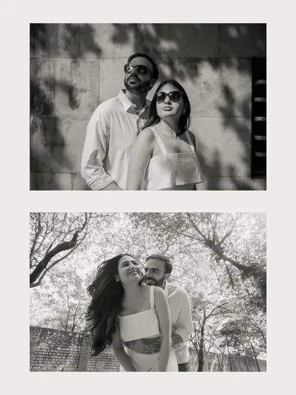 A duo of black and white portraits. The top image is a cool, stylish pose, while the bottom one is a warm, intimate embrace, showing their versatile chemistry.