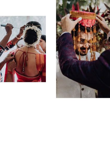 A collage showing the final touches of getting ready for both the bride and groom.