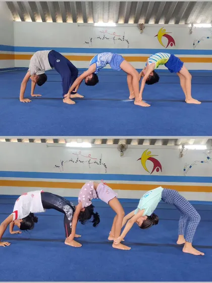 A collage showing our students engaged in partner bridge exercises. This activity improves coordination and makes conditioning more interactive.