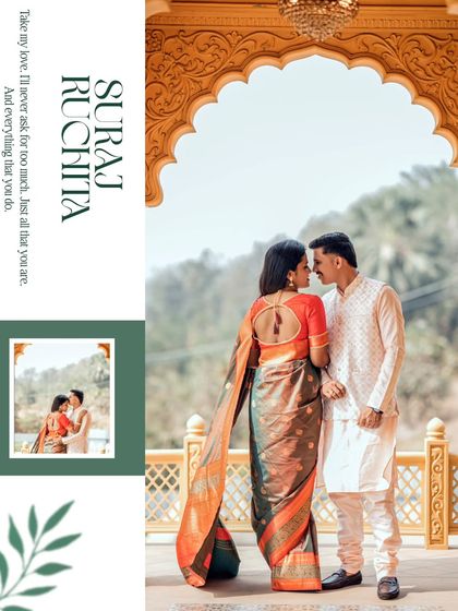 An artistic and elegant design that frames a beautiful, intimate portrait of the couple in their traditional attire, focusing on their connection.