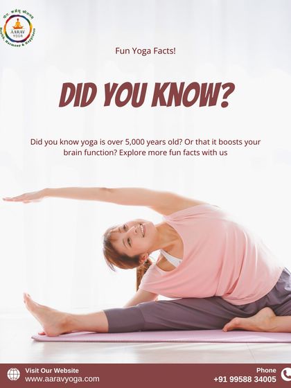 This graphic shares a fun fact that yoga is over 5,000 years old and boosts brain function, highlighting the ancient wisdom and modern benefits of the practice.