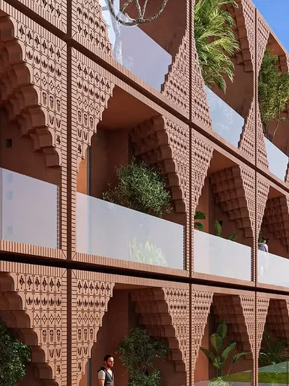 The facade detail shows the stepped arches and patterned brickwork, with a view of the Tirupati hills in the distance. Each balcony is a private sanctuary with a connection to nature.