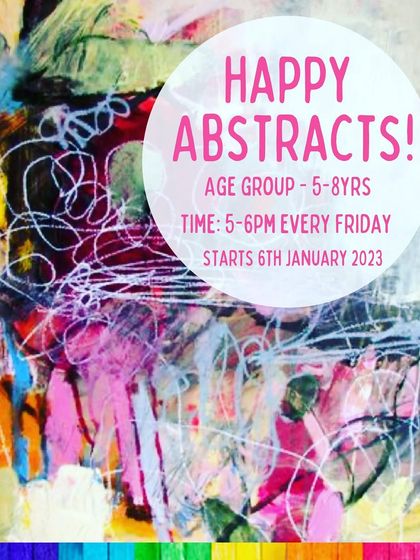 Announcing our Happy Abstracts workshop. This is an explorative painting course where children use a wide array of tools like scrapers, stamps, and pastels to create bright and uplifting abstract art.