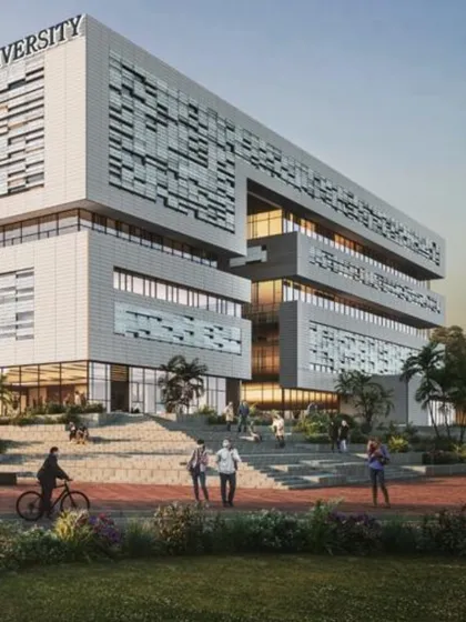 The grand staircase at Amity University, Bengaluru, is designed as more than just a circulation path. It functions as an informal amphitheater and gathering space, fostering a dynamic atmosphere for creativity, teamwork, and social interaction among students and faculty.