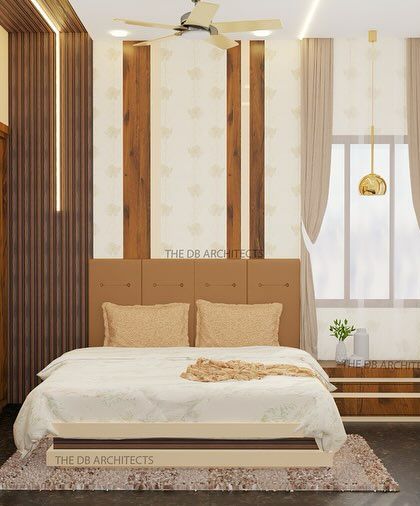 A complete view of the parents' bedroom concept, combining all the elements: the bed with its custom headboard, the window seat, the wardrobe, and the false ceiling with ambient lighting.