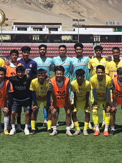 Sudeva Delhi FC and Unified FC players together before a friendly match in Ladakh. Collaboration and sportsmanship are key values we instill in our players.
