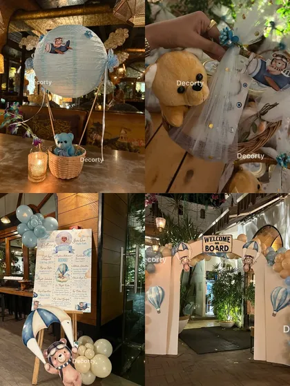 A collage showcasing the key elements of the "Urso Aviador" (Aviator Bear) party, including the entrance, centerpiece, and return gifts.