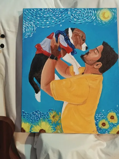 Another angle of the Van Gogh-inspired pet portrait, showing the full canvas with the swirling sky and bright yellow sunflowers.