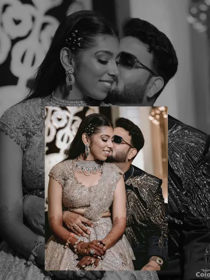 A romantic collage capturing a sweet kiss on the cheek, blending a color close-up with a black and white background for an artistic touch.