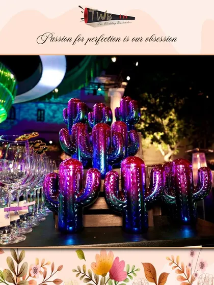 Unique cactus-themed glassware for a Sangeet in Udaipur, adding a touch of local Rajasthani flair to the celebration.