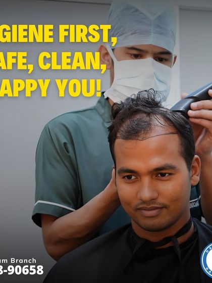 Before the surgery begins, careful preparation is key. Here, a patient's hair is being trimmed in our hygienic clinical environment, getting the scalp ready for the FUE procedure.