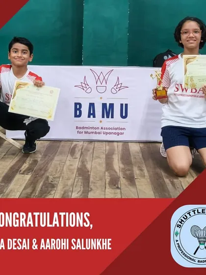 Our rising stars Ajinkya and Aarohi proudly display their trophies and certificates after their fantastic performance at the Mumbai Suburban District Badminton Championship.