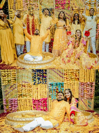 A wedding is also about unrestrained fun. This shot from a Haldi ceremony, with the couple and their friends covered in flower petals, shows the energy and happiness I love to capture. These are the candid memories you will cherish.