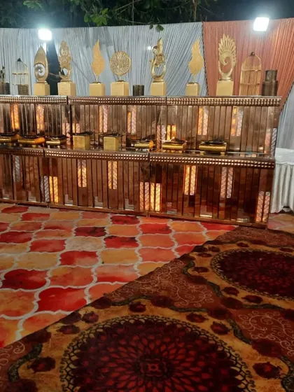 A wide view of our full buffet setup. The decorated counters and organized layout ensure a smooth and pleasant dining experience for all your guests.