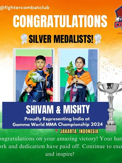 A graphic celebrating our two young heroes, Shivam and Mishty, for their silver medals at the Gamma World MMA Championship in Jakarta. Their hard work has paid off on a global stage.